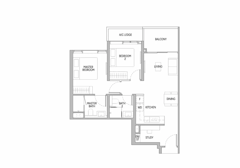 2 Bedroom plus Study floor plan with master bedroom, bedroom 2, study, living and dining