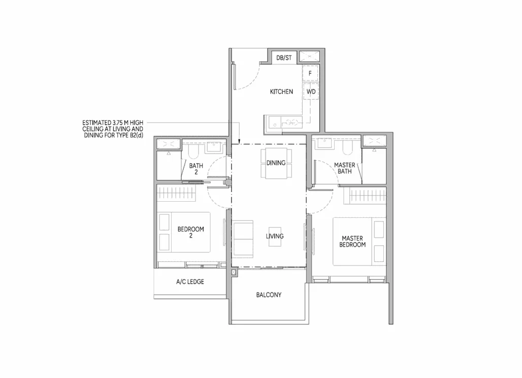 2 Bedroom floor plan with master bedroom, bedroom 2, living, dining and balcony