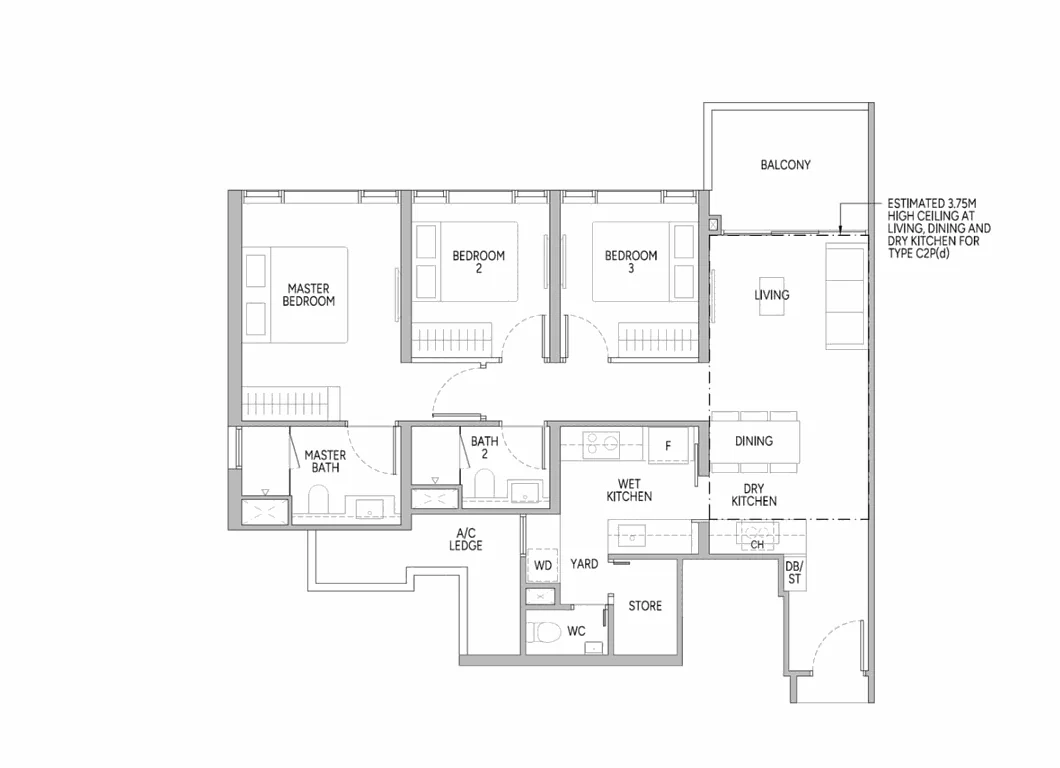 3 Bedroom Premium floor plan with master bedroom, two additional bedrooms, wet and dry kitchen, store and yard