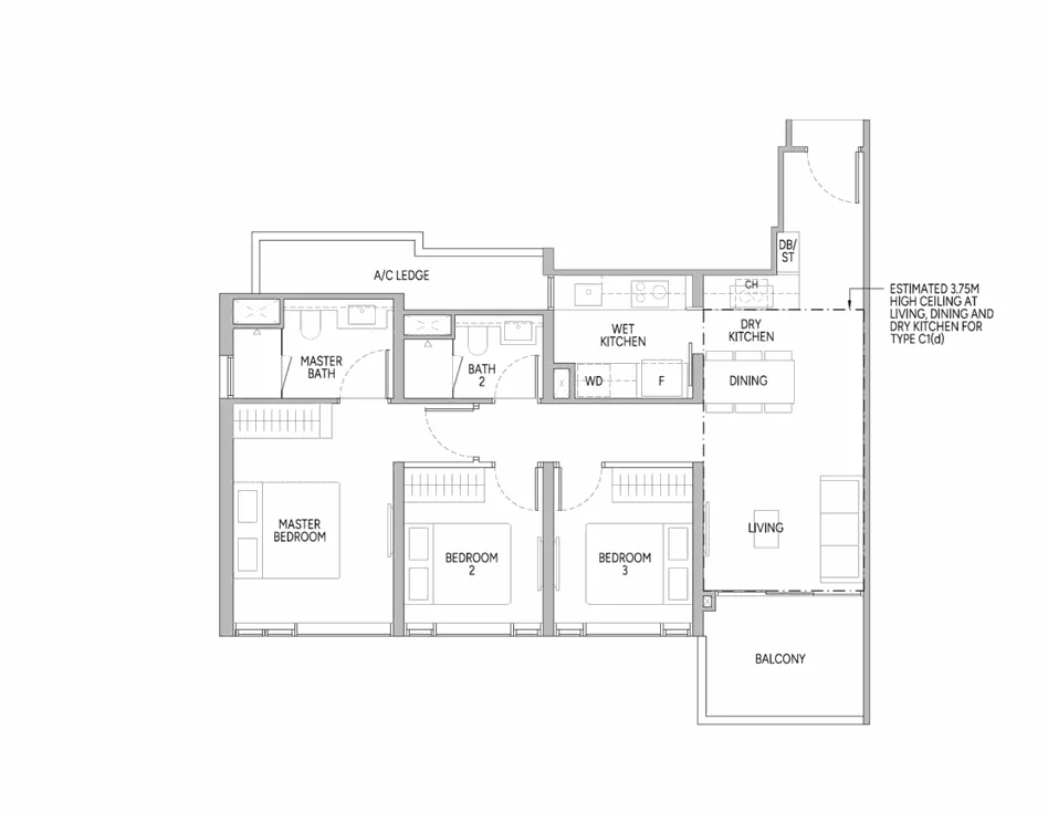 3 Bedroom floor plan with master bedroom, bedroom 2, bedroom 3, living and dining