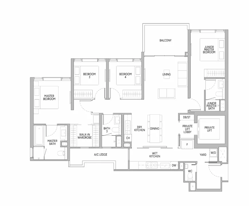 4 Bedroom Premium plus Entertainment floor plan with master bedroom, junior master bedroom, two bedrooms, private lift and walk-in wardrobe