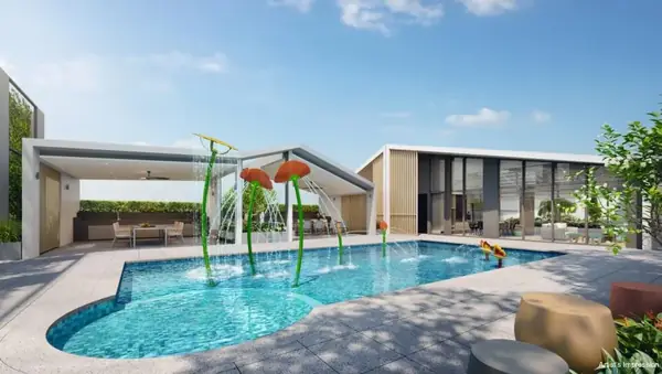 Kids splash pool with water play features