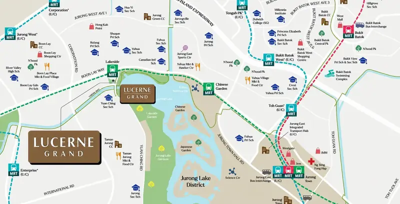Map showing Lucerne Grand's location beside Lakeside MRT in Jurong Lake District