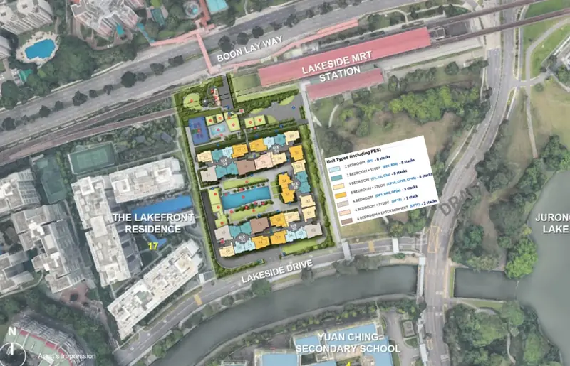 Aerial view of Lucerne Grand showing unit types, Lakeside MRT Station, Boon Lay Way and Lakeside Drive