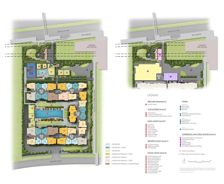 Lucerne Grand site plan showing block layout, facility zones and legend, adjacent to Lakeside MRT